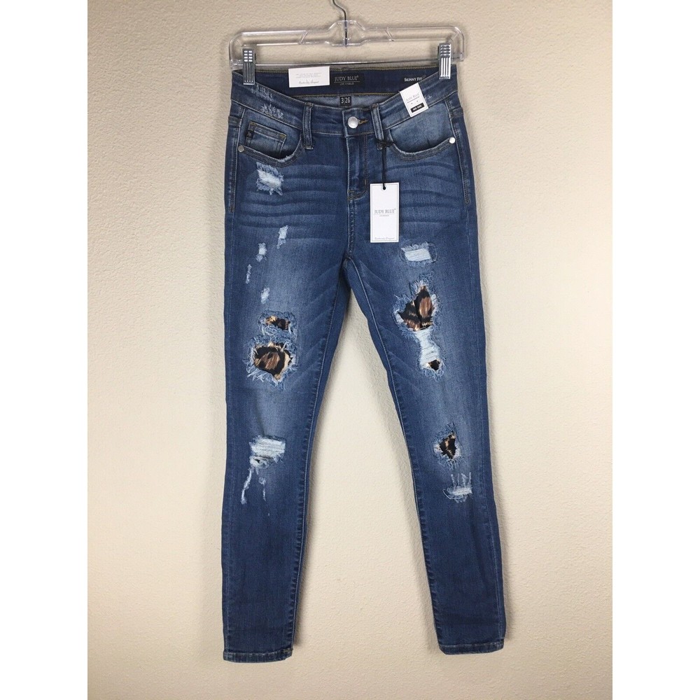 NWT Judy Blue Womens Mid Rise Blue Distressed Skinny Fit Jeans size 3/26
